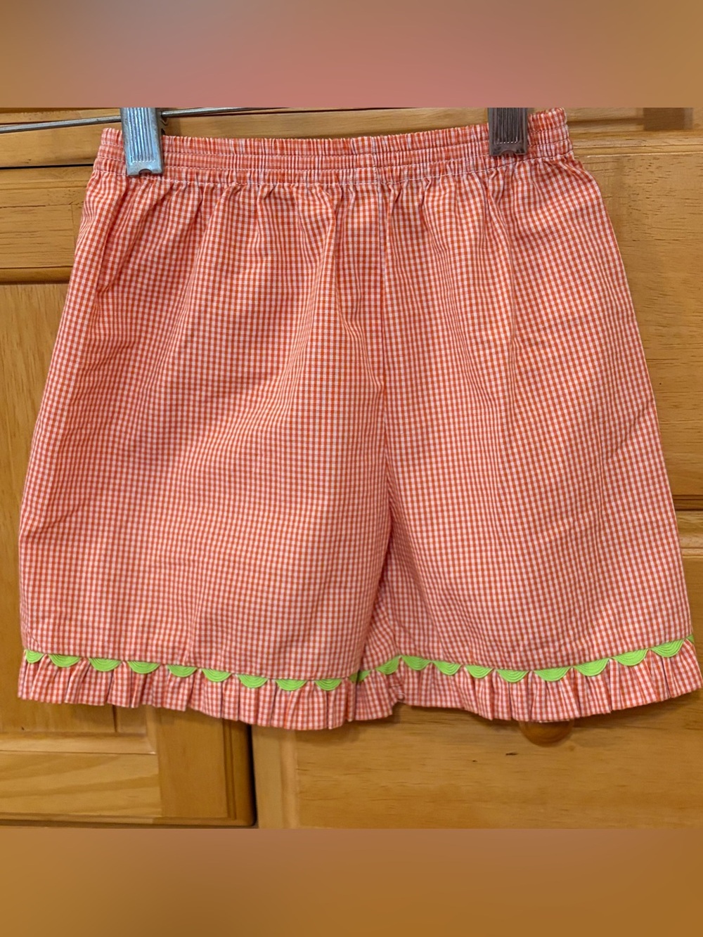 Orange and White Girls' Gingham Shorts with Green Trim and Ruffle Hem Size 3T